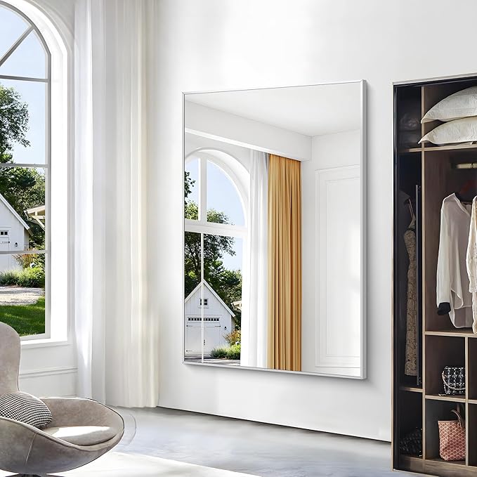Silver Bathroom Mirror,60x40 inch Wall Mirror for Bathroom Wall Mounted,Large Rectangle Mirror for Bathroom Over Sink,Modern Metal Frame for Living Room,Bedroom Entryway,Horizontal/Vertical