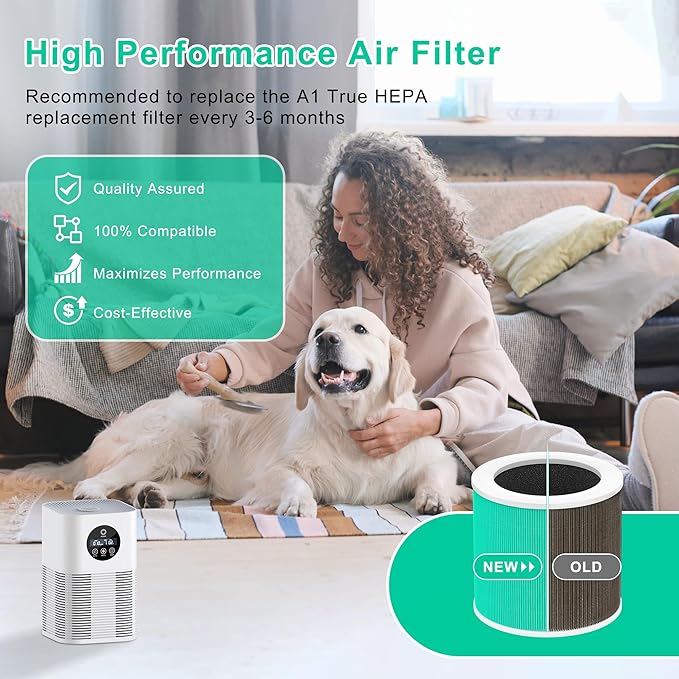 2 Pack A1 Replacement Filter Compatible with VEWIOR Air Purifier A1, HQSC-50, HQKJ-80, AMEIFU AP01W, KOIOS HQKJ-50, Tailulu PUR0003/HQZZ-60, 3-in-1 H13 True HEPA Air Cleaner Filter for Home