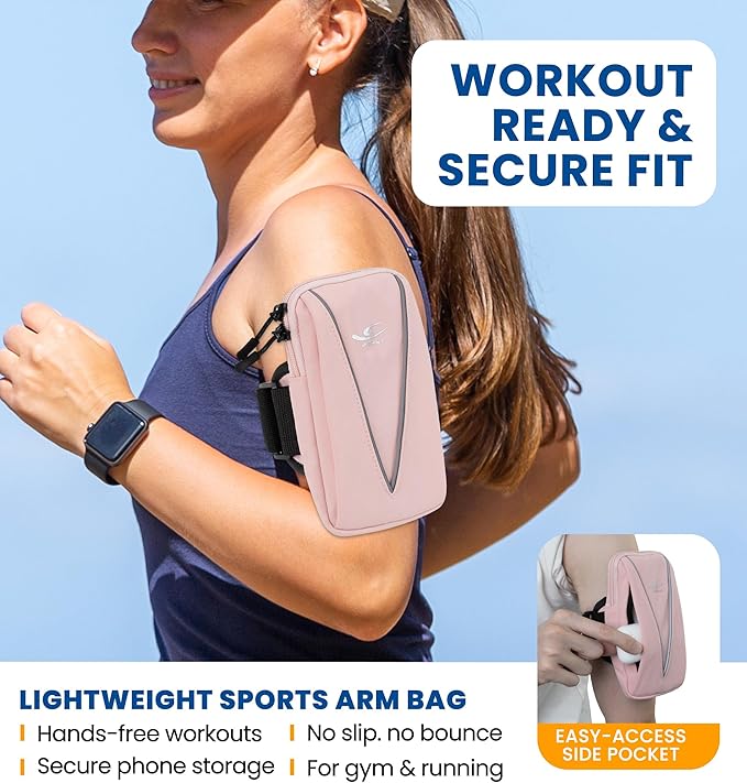 HiRui Cell Phone Holder Arm Bag & Wrist Bag for Phone, Sports Running Armband for Gym & Cycling, Compatible with iPhone 16/16Pro/Plus/15/14 Samsung Galaxy All Phones, Reflective & Adjustable (Pink)