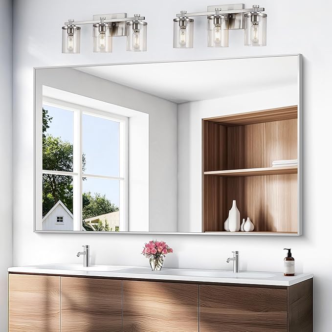 Silver Bathroom Mirror,60x40 inch Wall Mirror for Bathroom Wall Mounted,Large Rectangle Mirror for Bathroom Over Sink,Modern Metal Frame for Living Room,Bedroom Entryway,Horizontal/Vertical
