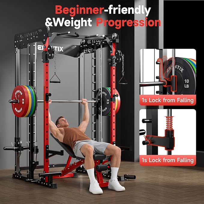 Smith Machine Power Rack | All-in-One Power Cage with Adjustable J-Hooks, Squat Rack for Home Gym, Cable Machine & Pull-Up Bar | Home and Garage Gym Equipment for Strength Training-FlexoryFit