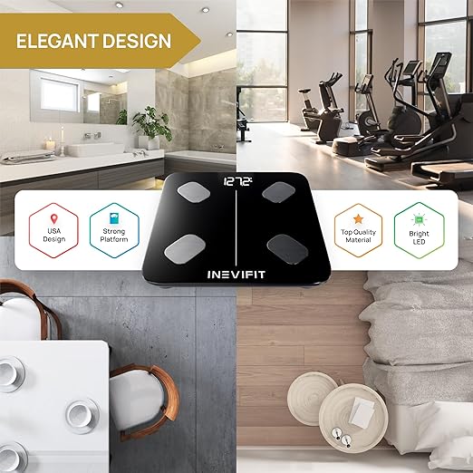 INEVIFIT Smart Body Fat Scale, Highly Accurate Bluetooth Digital Bathroom Body Composition Analyzer, Measures Weight, Body Fat, Water, Muscle, Visceral Fat & Bone Mass for Unlimited Users (Eco-Blk)-FlexoryFit