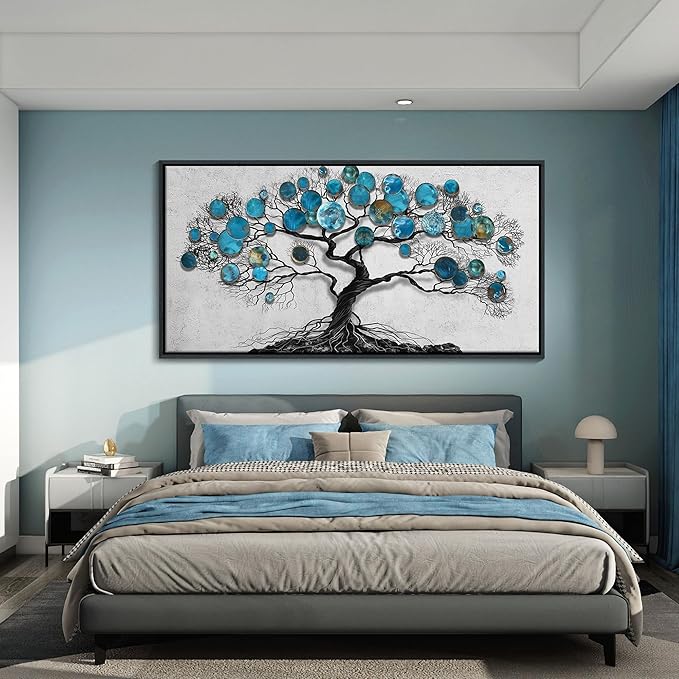 CHATYOUNG Wall Art Living Room - Large Art Teal Blue Tree Abstract Landscape Modern Paintings Black Framed Artwork for Bedroom Dining Room Office Kitchen Home Decor 58"x29"-FlexoryFit
