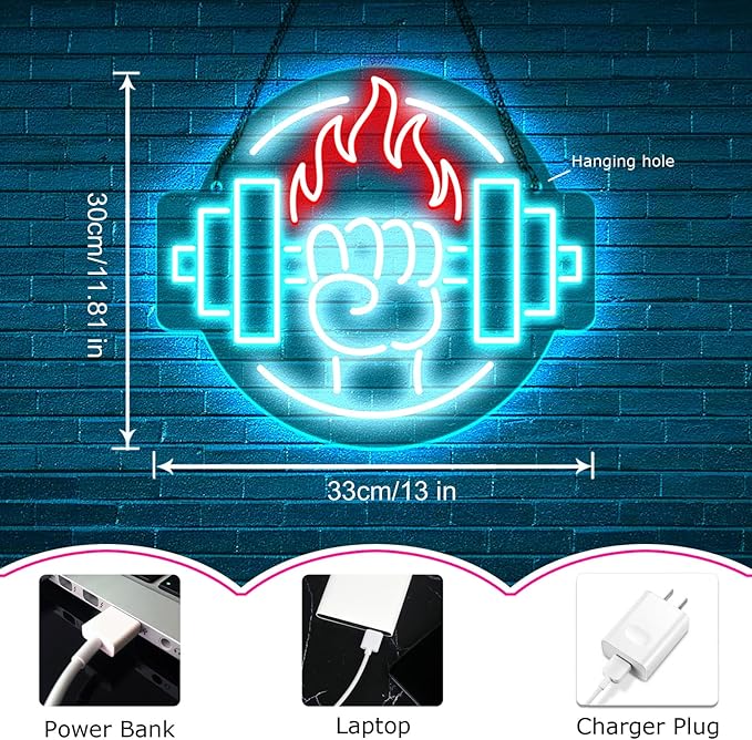 Gym Led Neon Sign- Gym Neon Light Dumbbell Sign for Home Gym Fitness Club Boy's Room Sports Room Decor Neon Light Fitness Club Neon Signs for Wall Art Birthday Gift 5V(13 * 11.81 Inch)-FlexoryFit