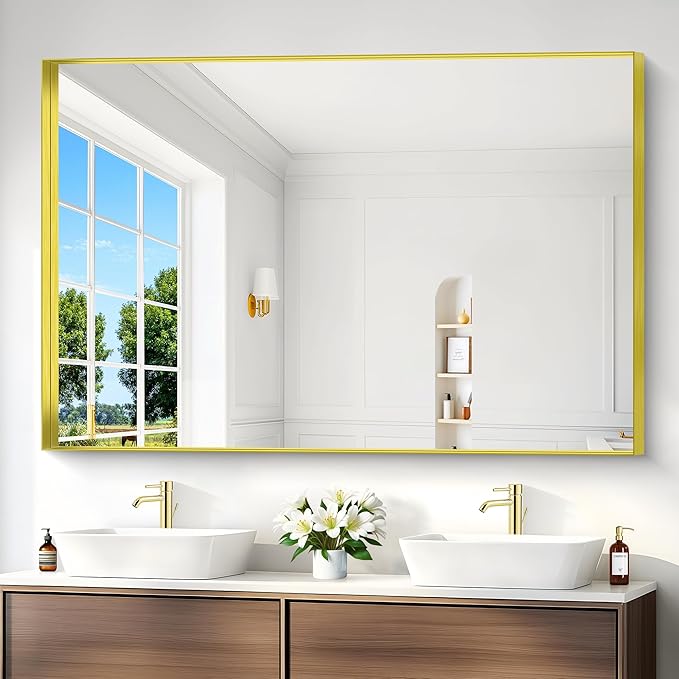 Gold Bathroom Mirror, 60x40 Inch Rectangular Framed Mirror, Large Wall Mounted Bathroom Vanity Mirror Over Sink for Bedroom,Restroom, Living Room, Hangs Vertically or Horizontally-FlexoryFit