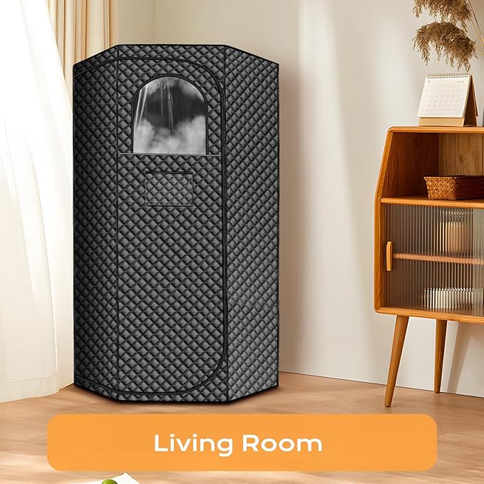 Steam Sauna Box, Portable Sauna for Home, Extra Large Pentagon Design Saunas Tent, Includes 3L Steamer with 9 Levels Remote Control and Absorbent Mat & Folding Chair (Black Pentagon)