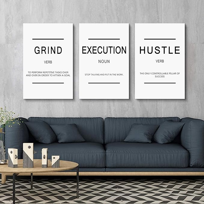 Framed Canvas Wall Art Success Quote, Office Wall Art, White Large Poster, Positive Motivational Set of 3 Prints, Grind Execution Hustle Poster, Inspirational Print-FlexoryFit