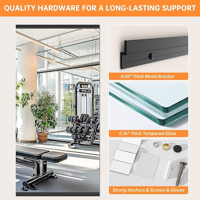 Hasipu 2 Pcs 48''x24'' Home Gym Mirror Large Full Length Wall Mounted Full Body Mirror for Yoga Dance Fitness Exercise Studio Bedroom Garage, Frameless Tempered Glass Workout Mirrors Black Rectangular