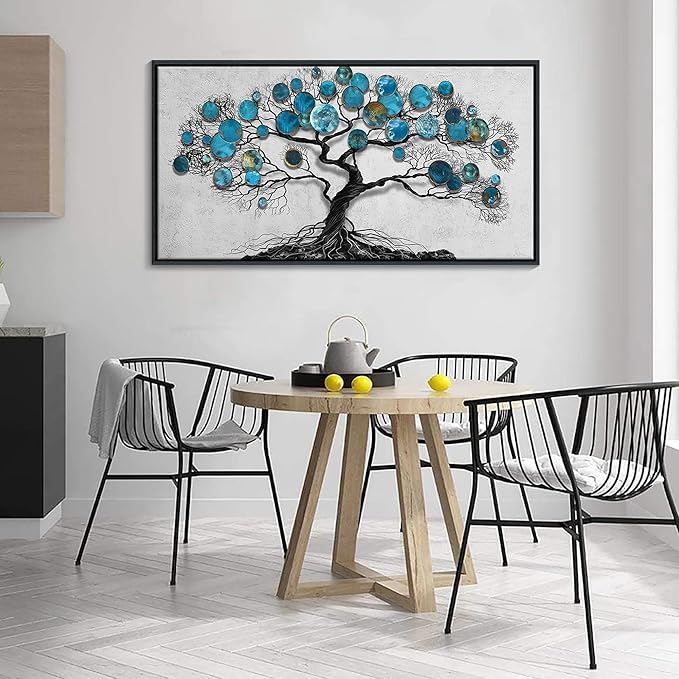 CHATYOUNG Living Room Wall Art - Tenacious Tree of Life Teal Blue Leaves Theme Large Paintings Canvas Framed Wall Picture for Office Bedroom Kitchen Office Home Decor 40"x20"
