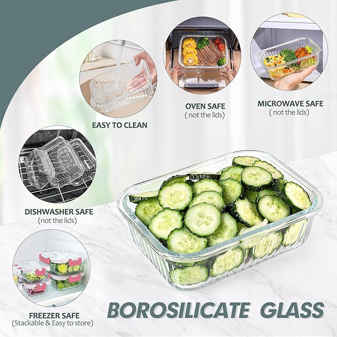 10 Packs Glass Meal Prep Containers with Lids, Glass Food Storage Containers Set, Airtight Lunch Containers, Microwave, Oven, Freezer and Dishwasher Safe, Pink-FlexoryFit