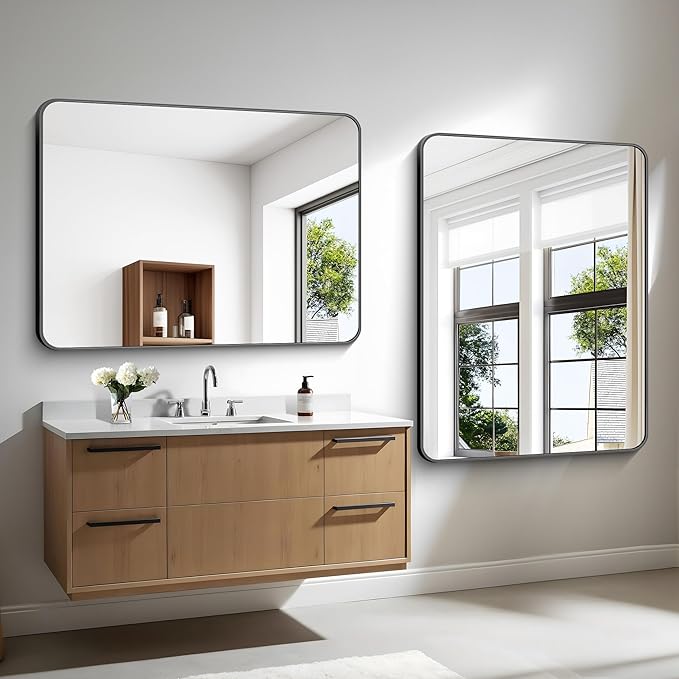 36x48 inch Bathroom Mirror,Black Rectangle Mirror,Wall Mounted Bathroom Frame Vanity Mirror with Round Corner for Bedroom Living Room, Entryway Hangs Horizontal or Vertical-FlexoryFit