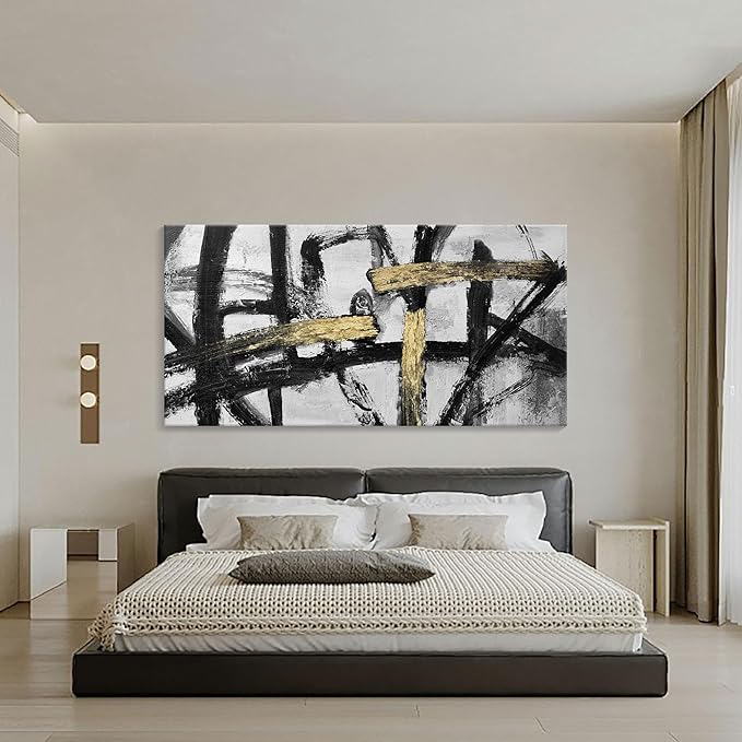 Abstract Living Room Wall Art - Large Black and White Gold Abstract Lines Bedroom Wall Decor Ink Dancing Canvas Prints Paintings for Dining Room Office Room Home Decor 29x58IN-FlexoryFit