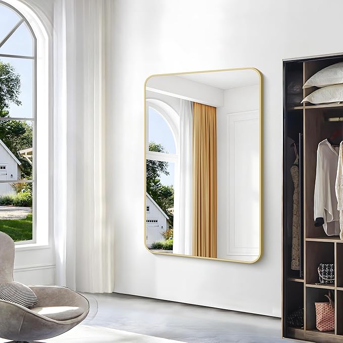 Gold Bathroom Mirror,55x36 inch Wall Mirror for Bathroom Wall Mounted,Round Rectangle Mirror for Bathroom Over Sink,Modern Frame for Home Decor Living Room,Bedroom Entryway,Horizontal/Vertical-FlexoryFit