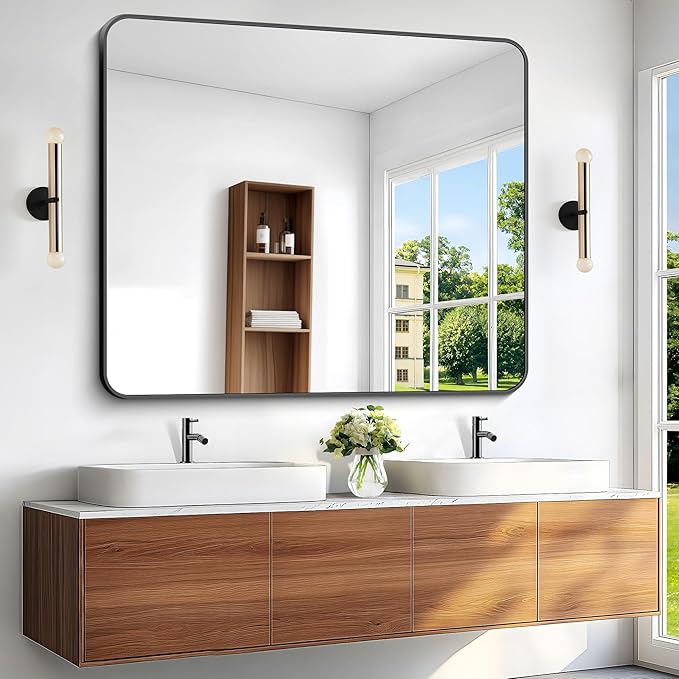 Black Bathroom Mirror,40x48 inch Wall Mirror for Bathroom Wall Mounted,Rectangle Mirror for Bathroom Over Sink,Modern Frame Round Corner for Living Room,Bedroom Entryway,Horizontal/Vertical-FlexoryFit