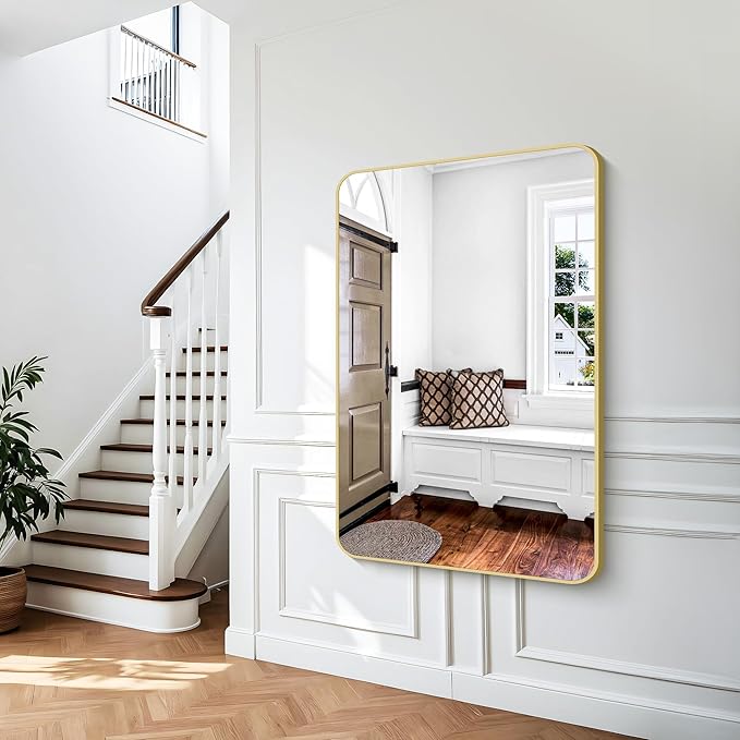 Gold Bathroom Mirror,55x36 inch Wall Mirror for Bathroom Wall Mounted,Round Rectangle Mirror for Bathroom Over Sink,Modern Frame for Home Decor Living Room,Bedroom Entryway,Horizontal/Vertical-FlexoryFit