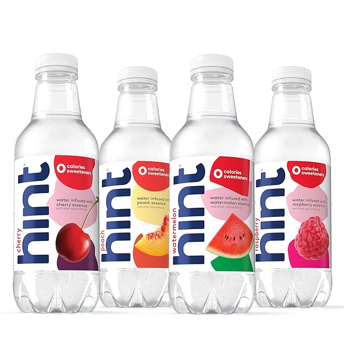 Hint Water Purple Variety Pack (Pack of 12), 16 Ounce Bottles, 3 Bottles Each of: Raspberry, Watermelon, Cherry, and Peach, Zero Calories, Zero Sugar and Zero Sweeteners-FlexoryFit