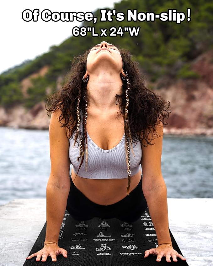 Instructional Travel Yoga Mat with 75 Poses & Exercises - Non-slip Exercise Mat for Home Workout, Includes Carrying Bag - Perfect for Beginners, 68"x24"x0.25"-FlexoryFit