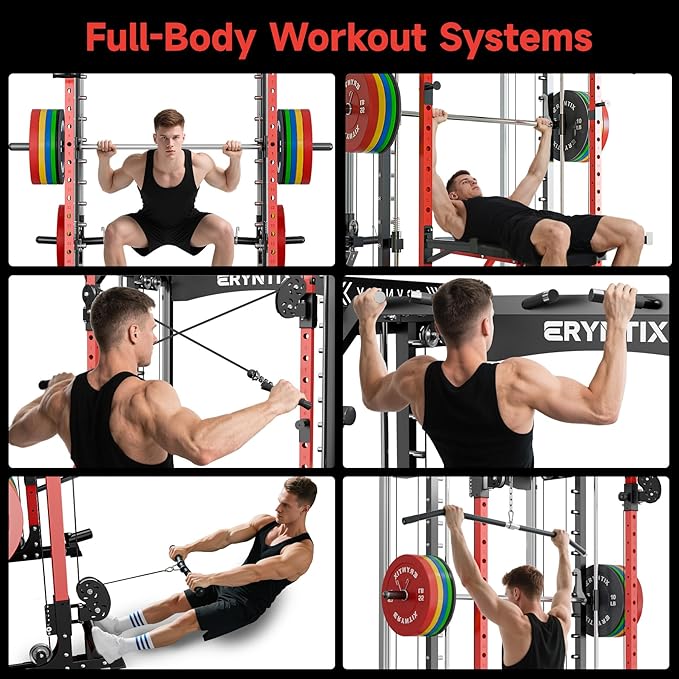 Smith Machine Power Rack | All-in-One Power Cage with Adjustable J-Hooks, Squat Rack for Home Gym, Cable Machine & Pull-Up Bar | Home and Garage Gym Equipment for Strength Training-FlexoryFit