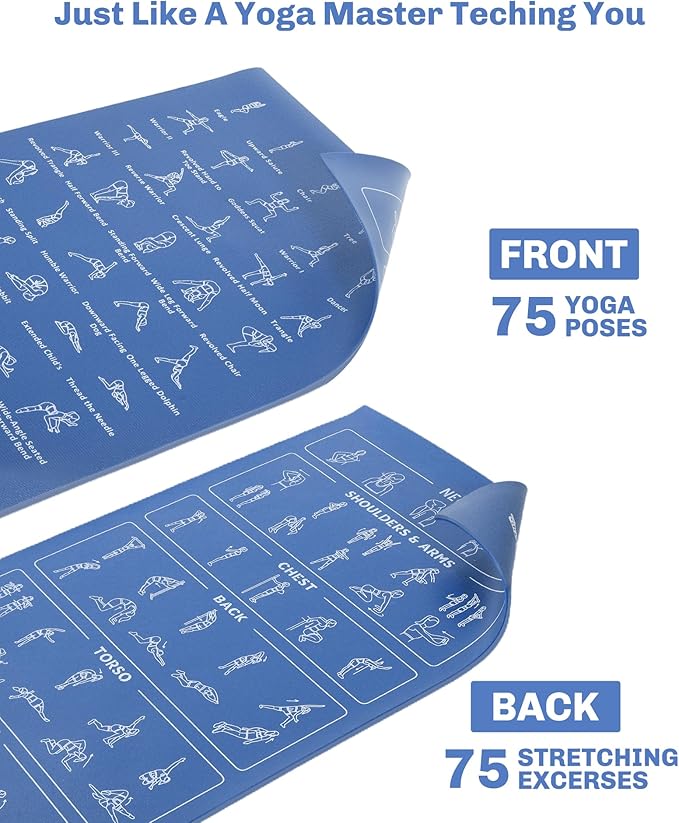 Instructional Travel Yoga Mat with 75 Poses & Exercises - Non-slip Exercise Mat for Home Workout, Includes Carrying Bag - Perfect for Beginners, 68"x24"x0.25"-FlexoryFit