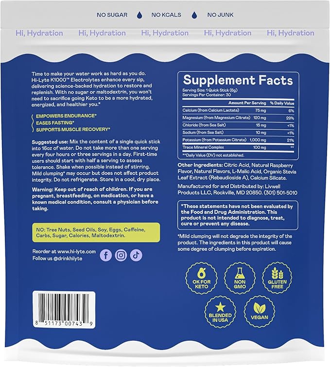 Hi-Lyte Keto & Performance - K1000 Electrolyte Quick Sticks - Blue Raspberry - 1000mg Potassium, Magnesium, Calcium - Single-Serve Packets for Keto Hydration Support - No Sugar, No Carbs-FlexoryFit