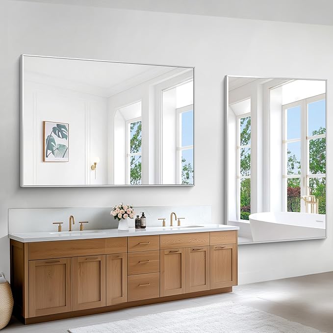 Silver Bathroom Mirror,60x40 inch Wall Mirror for Bathroom Wall Mounted,Large Rectangle Mirror for Bathroom Over Sink,Modern Metal Frame for Living Room,Bedroom Entryway,Horizontal/Vertical