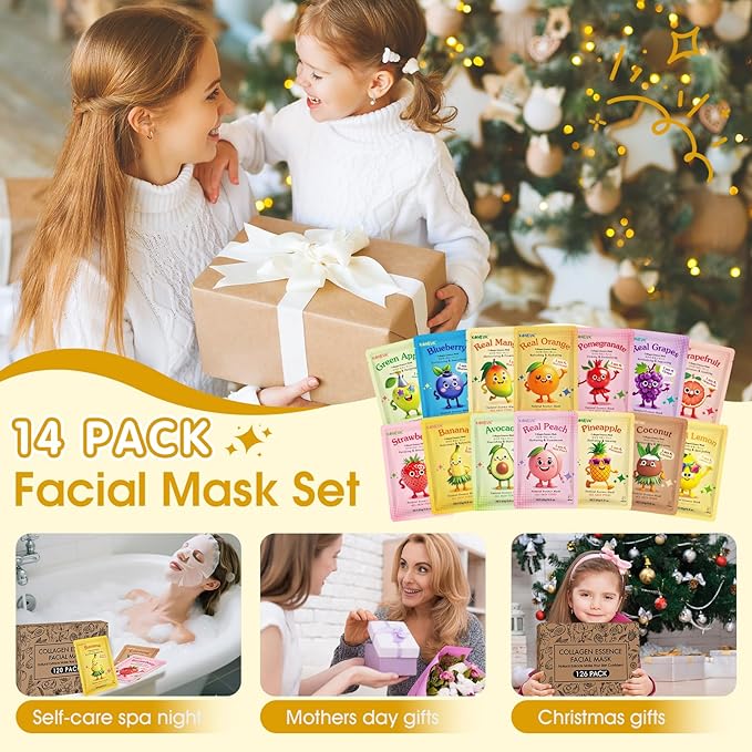 126 Pack Sheet Hydrating Face Masks Skincare for Women, Bulk Fruit Face Mask Skin Care for Kids, Facial Masks Set for All Skin Types, Christmas Birthday Gifts, Spa Party Supplies for Girls Teens-FlexoryFit