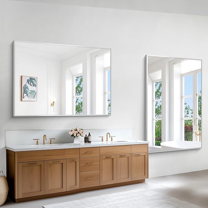 Silver Bathroom Mirror,55x36 inch Wall Mirror for Bathroom Wall Mounted,Large Rectangle Mirror for Bathroom Over Sink,Modern Metal Frame for Living Room,Bedroom Entryway,Horizontal/Vertical