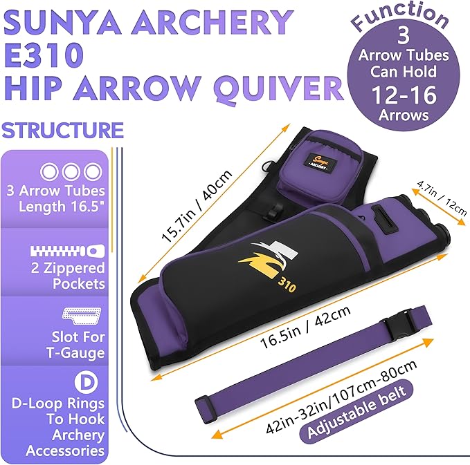 SUNYA Archery Hip Quiver for Arrows. Includes 3 Tubes Arrow Holder, Accessories Pockets and Waist Belt. Fit for Compound and Recurve Bow Practice.