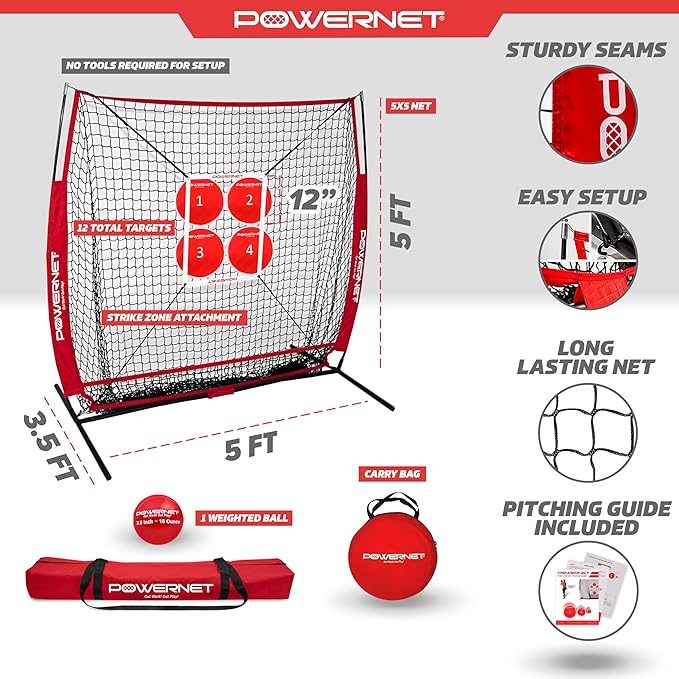 PowerNet Pitching Bundle, Baseball Net with Pitch Perfect Targets & Strike Zone Attachment, Weighted Ball, Softball Baseball Training Equipment to Increase Pitching Accuracy, 3 Net Sizes-FlexoryFit