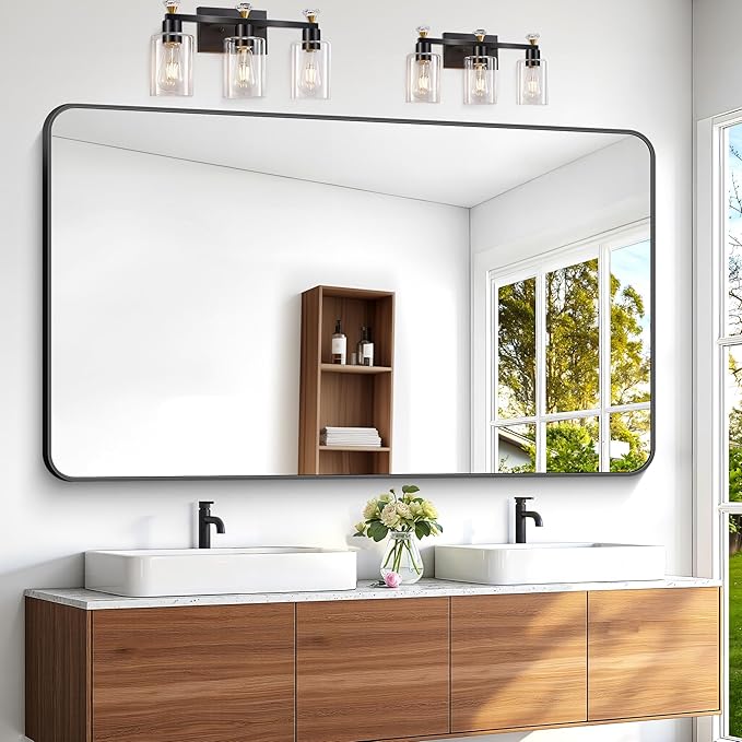 60x36 inch Large Bathroom Mirror,Black Rectangle Mirror,Wall Mounted Bathroom Frame Vanity Mirror with Round Corner for Bedroom Living Room, Entryway Hangs Horizontal or Vertical-FlexoryFit