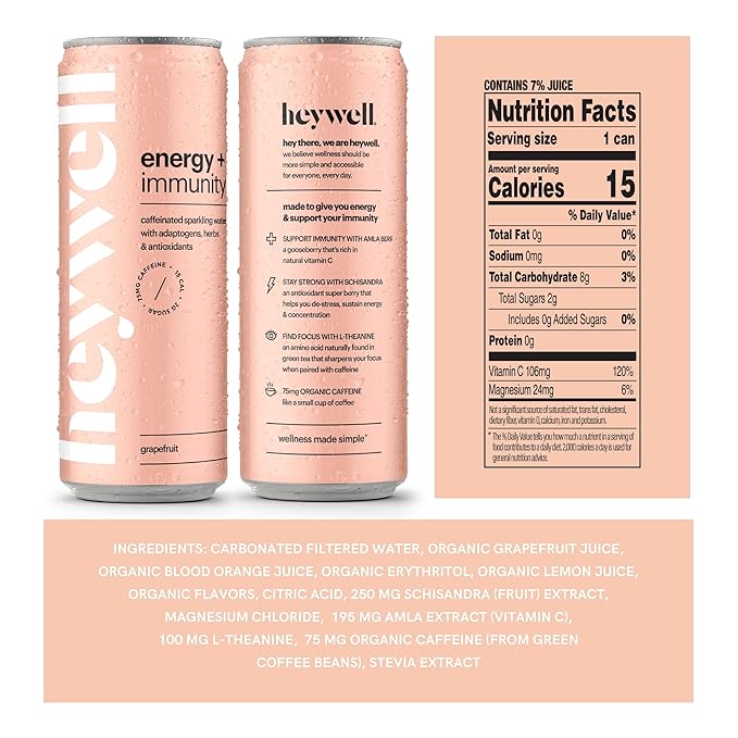 Heywell Sparkling Adaptogenic Water, Energy and Immunity, Grapefruit Flavor, 12 Fluid Ounce (Pack of 12) - Caffeinated, Organic, Non GMO, Vegan, Gluten Free, Dairy Free-FlexoryFit