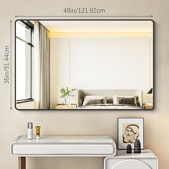36x48 inch Bathroom Mirror,Black Rectangle Mirror,Wall Mounted Bathroom Frame Vanity Mirror with Round Corner for Bedroom Living Room, Entryway Hangs Horizontal or Vertical-FlexoryFit