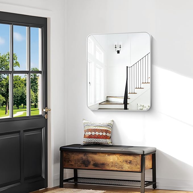 Silver Bathroom Mirror,30x36 inch Wall Mirror for Bathroom Wall Mounted,Rectangle Mirror for Bathroom Over Sink,Modern Frame Round Corner for Living Room,Bedroom Entryway,Horizontal/Vertical