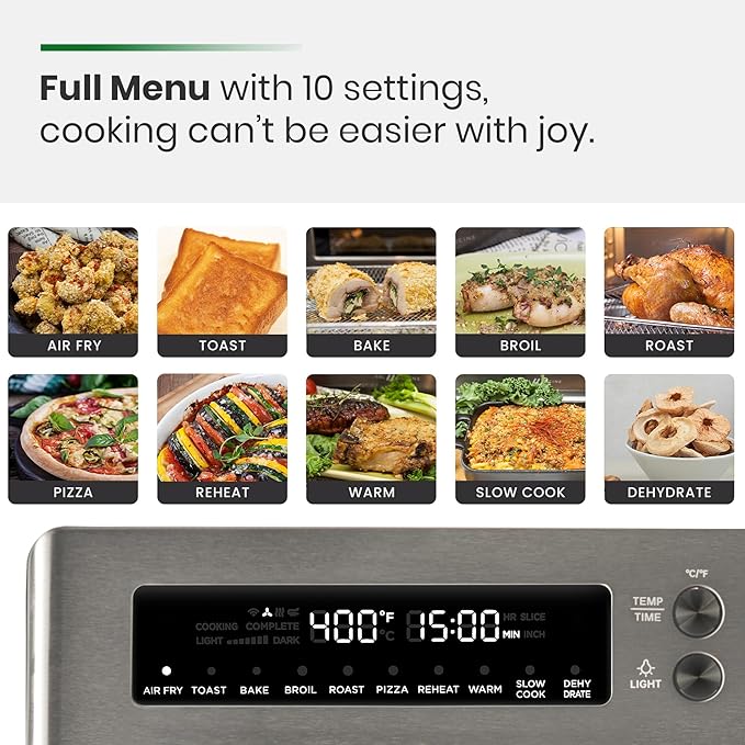 Infrared Heating Air Fryer Toaster Oven, Extra Large Countertop Convection Oven 10-in-1 Combo, 6-Slice Toast, Enamel Baking Pan Easy Clean with Recipe Book, Black Matte Stainless Steel-FlexoryFit