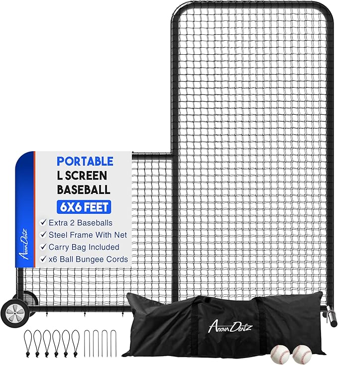 Yes4All Portable L-Screen Baseball 7x7ft with 2 Baseballs, Rubber Wheels - L Screen Baseball for Batting Cage, Protective Pitching Screen Net Double Layers, Carry Bag Included-FlexoryFit