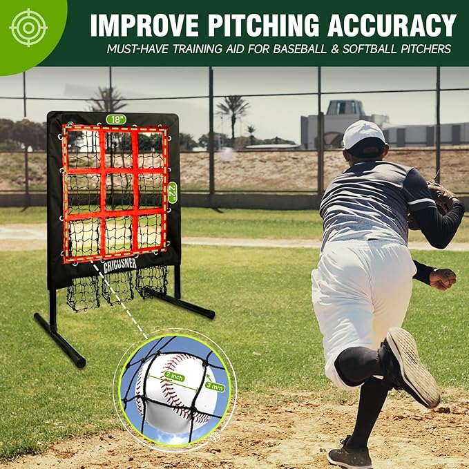 9 Hole Pitching Net, Heavy-Duty Baseball Net with Strike Zone for Pitching and Hitting, Height Adjustable Training Equipment with 9 Pocket Pitching Target for Baseball & Softball Practice-FlexoryFit