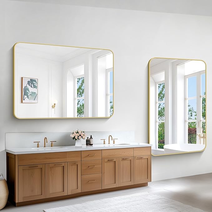 Gold Bathroom Mirror,55x36 inch Wall Mirror for Bathroom Wall Mounted,Round Rectangle Mirror for Bathroom Over Sink,Modern Frame for Home Decor Living Room,Bedroom Entryway,Horizontal/Vertical-FlexoryFit