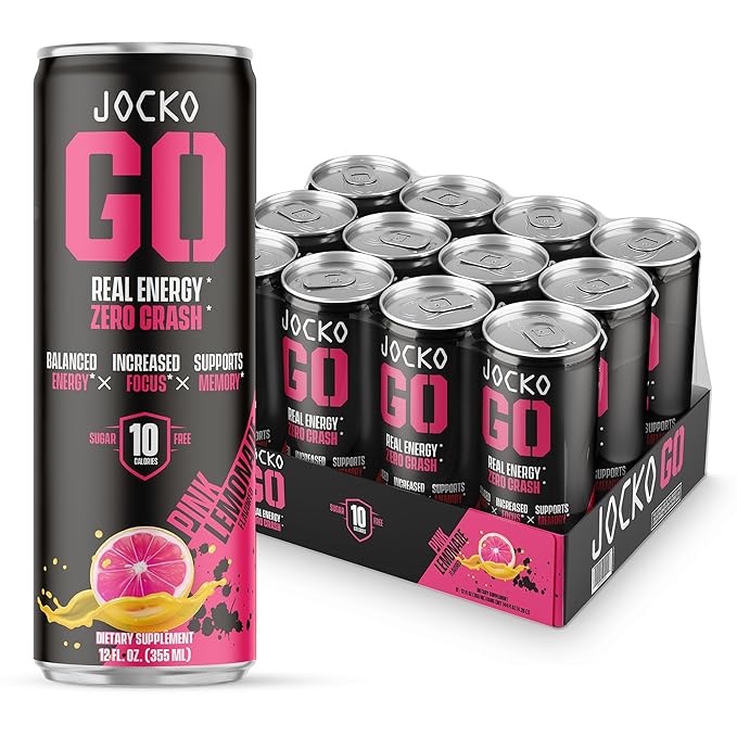 Jocko GO Energy Drink - Keto, Vitamin B12, Vitamin B6, Electrolytes, L Theanine, Magnesium- Energy Boost, Sugar Free Nootropic Monk Fruit Blend - 12 Pack (Pink Lemonade)-FlexoryFit