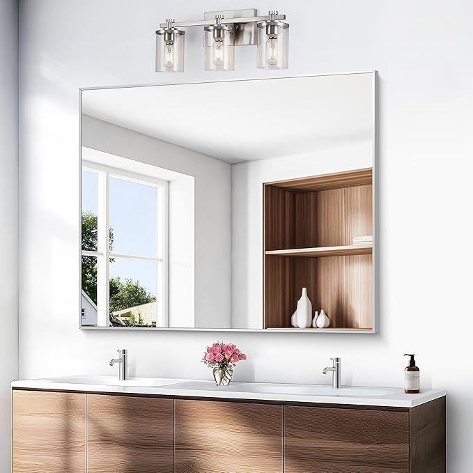 Silver Bathroom Mirror,40x48 inch Wall Mirror for Bathroom Wall Mounted,Large Rectangle Mirror for Bathroom Over Sink,Modern Metal Frame for Living Room,Bedroom Entryway,Horizontal/Vertical-FlexoryFit