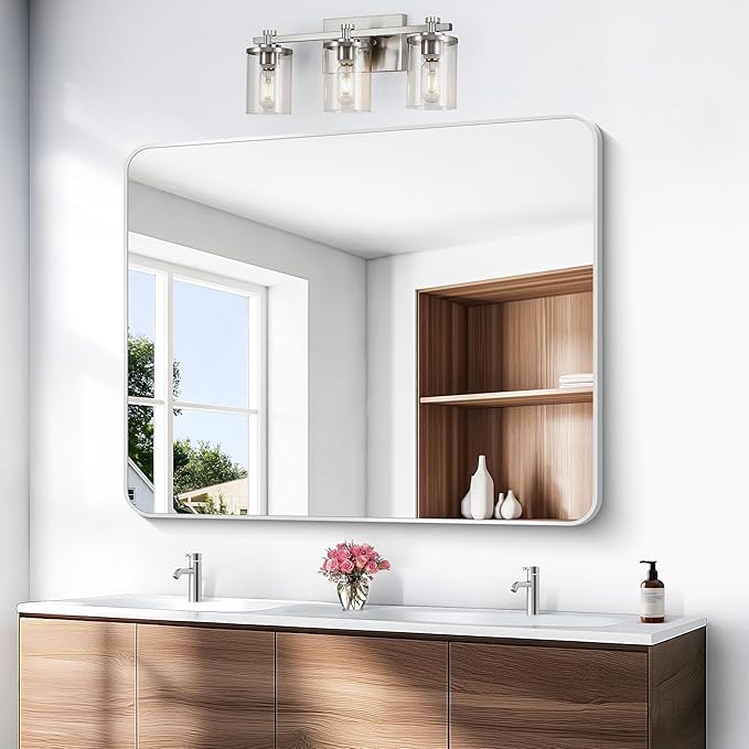 Silver Bathroom Mirror,40x48 inch Wall Mirror for Bathroom Wall Mounted,Rectangle Mirror for Bathroom Over Sink,Modern Frame Round Corner for Living Room,Bedroom Entryway,Horizontal/Vertical