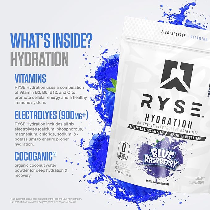 RYSE Hydration Electrolyte Powder Drink Mix Packets - Blue Raspberry - Sugar-Free Full Spectrum Electrolytes with Essential Vitamins, Taurine and Choline for Rehydration - 16 Serving Sticks