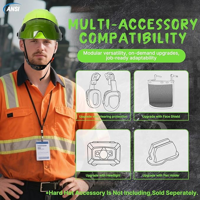 Aolamegs Construction Hard Hats for Adults - Hard Hats Construction OSHA Approved with Smoke Visor for Men Women ANSI Z89.1 Vented Safety Helmet, Hard Hat with Chin Strap,6 Point Suspension (Green