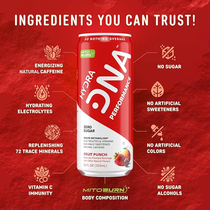 HYDRADNA- Clean Performance Drink, Zero Sugar | For Natural Fuel, Alertness, Boost, Stamina,120 mg Organic Caffeine, Natural Flavors, Zero Sucralose, Clean Ingredients (12 Pack) (12 Pack, Fruit Punch)-FlexoryFit