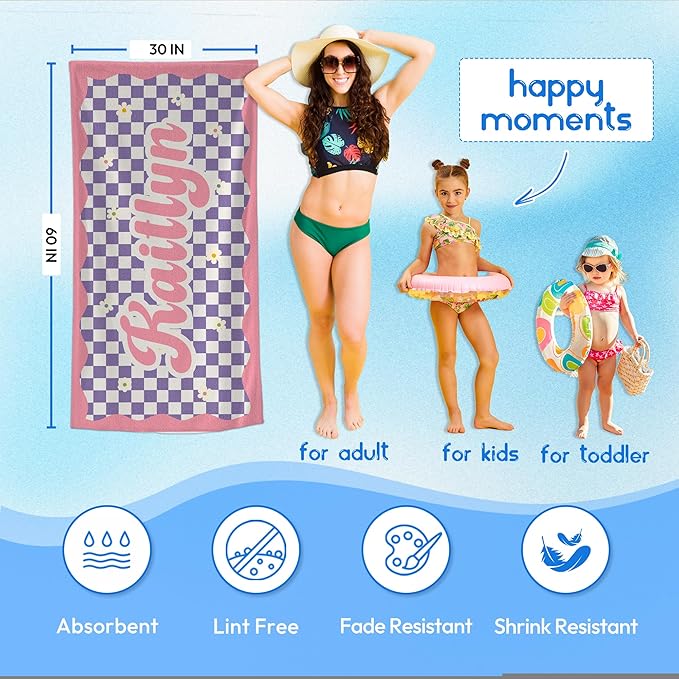 JML Personalized Beach Towel with Name, Custom Flower Beach Towel, Customized Microfiber Pool Towel, Quick Dry & Absorbent Swim Towel for Adult,Anniversary, Birthday, Summer Holiday,Vacation-FlexoryFit