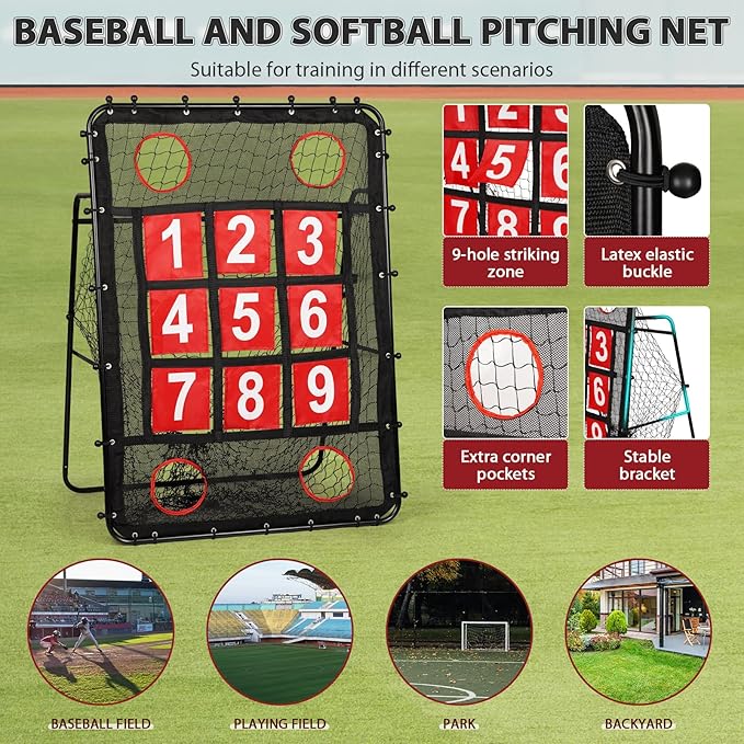 Pitching Net with Strike Zone, 9 Hole Baseball Pitching Target, Portable Softball Baseball Training Equipment with Carry Bag