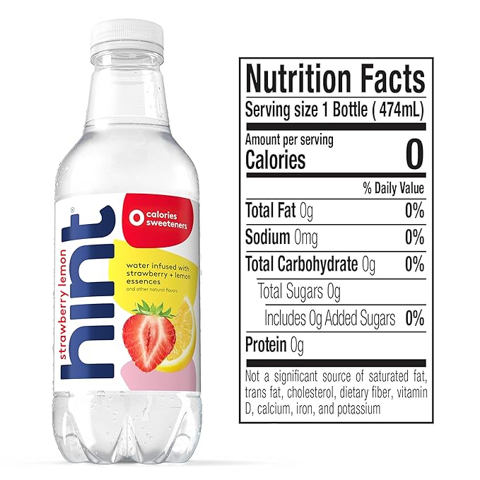 Hint Water Strawberry Lemon, Pure Water Infused with Strawberry and Lemon, Zero Sugar, Zero Calories, Zero Sweeteners, Zero Preservatives, Zero Artificial Flavors,16 Ounce Bottles, (Pack of 12)-FlexoryFit