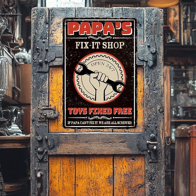 Papas Fix It Shop Metal Tin Signs for Garage Man Cave Decor Funny Papa Gifts - Vintage Tool Shop Papa's Workshop Signs, Father's Day Gifts Decorations 8x12 Inch-FlexoryFit