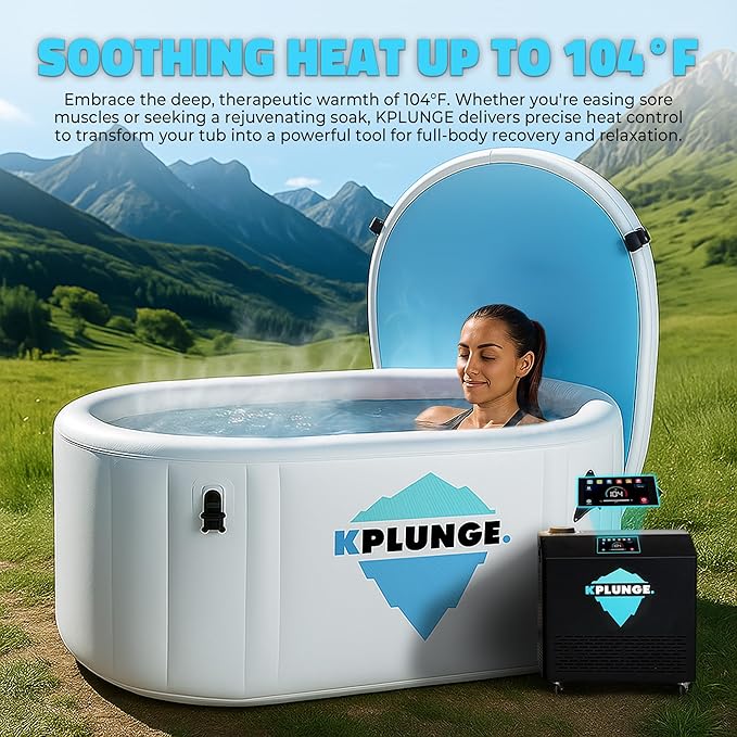 Kodiak 59" 1-Person Inflatable Cold Plunge Ice Bath or Hot Tub with 3/4 HP Chiller and Heater, PVC Insulated Lid, Hand Pump, Repair Kit, 110-Gallon Capacity, Indoor/Outdoor Tub β Gray