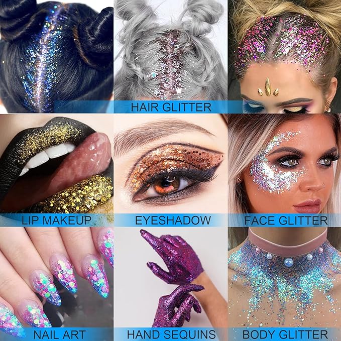 Holographic Face Glitter Gel Body Shimmer Makeup for for Hair, Face, Clavicle, Arm, Nail, Eyeshadow, Long Lasting Waterproof Party Glitter for St. Patrick's Day, 1.35oz (Grass Green #16)-FlexoryFit