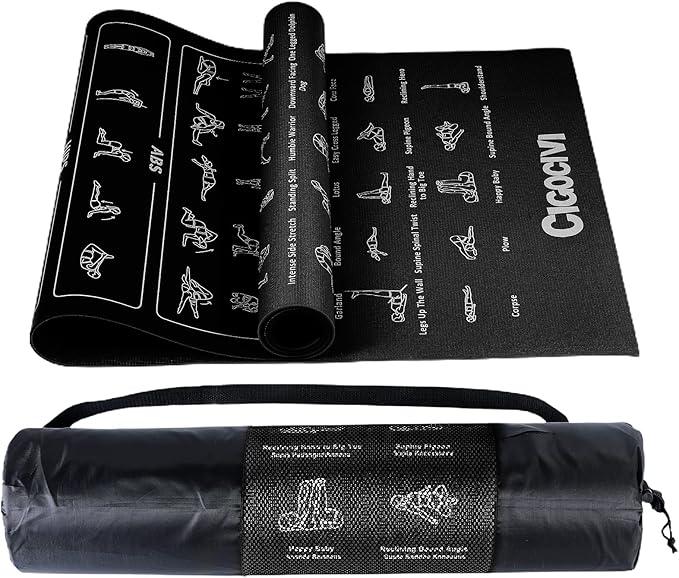 Instructional Travel Yoga Mat with 75 Poses & Exercises - Non-slip Exercise Mat for Home Workout, Includes Carrying Bag - Perfect for Beginners, 68"x24"x0.25"-FlexoryFit